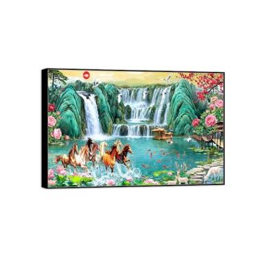Imagem de BMZFYBS Chinoiserie Arte de parede paisagem imagem em tela - montanha cachoeira flores cavalo - pintura chinesa - impressões de moldura preta para decoração de casa 80 x 120 cm 31 x 47 pol