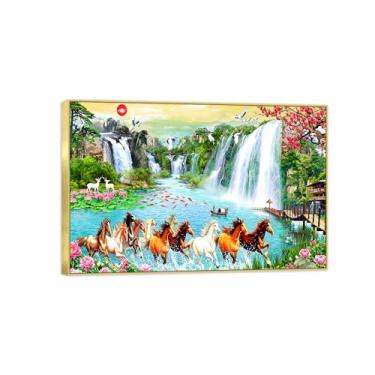 Imagem de BMZFYBS Chinoiserie Arte de parede paisagem imagem em tela - Cachoeira flores cavalo - pintura chinesa - impressões de moldura dourada para decoração de casa 50 x 75 cm 20 x 30 pol