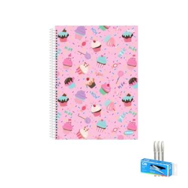 Imagem de Kit Caderno Feminino 10 Matérias 200 Folhas + Caneta Trigel Branca 0.8mm + Grampeador Alicate S-150