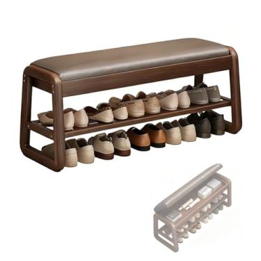 Imagem de SPXMQSS Sapateira de madeira, banco de entrada com almofada, armário de sapatos de 2 níveis com organizador de banco, prateleira aberta para corredor, sala de estar, quarto, marrom 60 x 34 x 42 cm