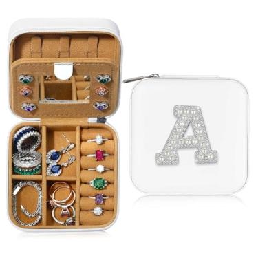 Imagem de Caixa de joias de viagem, caixas de joias com inicial para mulheres, presentes de aniversário para mulheres, presentes de Natal personalizados rosa fofos para ela, estojo de joias de viagem, portátil