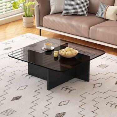 Imagem de Yadlan Mesa de centro moderna de meados do século, mesa central quadrada minimalista com base de madeira, móveis de destaque para quarto, sala de estar, recepção, escritório, mesas pretas 1 80 cm