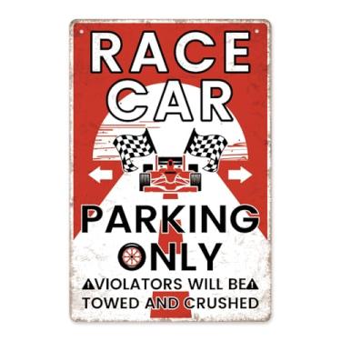 Imagem de Race Car Parking Only Placa, Folha de Flandres Placas Parede com Carros Corrida com Furos Pré-Perfurados Ideal para Garagem Sala de Jogos Bares e Restaurantes Decoração Personalizada