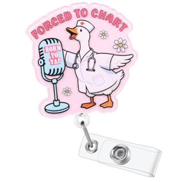 Imagem de Born to Yap Forced The Chart Enfermeira Silly Goose Enfermeira Carretel de crachá, rosa fofo retrátil porta-crachá pediátrico, crachá de nome Buddy para RN LPN CNA MA Enfermagem Estudante de