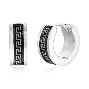 Imagem de Beaux Bijoux Chaveiro grego masculino de 13 mm em aço inoxidável - brincos de argola hipoalergênicos para homens - brincos exclusivos para ele, Aço inoxidável, Sem pedra preciosa