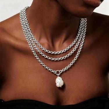 Imagem de Colares grossos de ouro com pingente de pérola, colar delicado de corrente de pérolas grandes para mulheres, colar de prata, presentes de amizade para mulheres, presentes de Natal, Dia dos Namorados