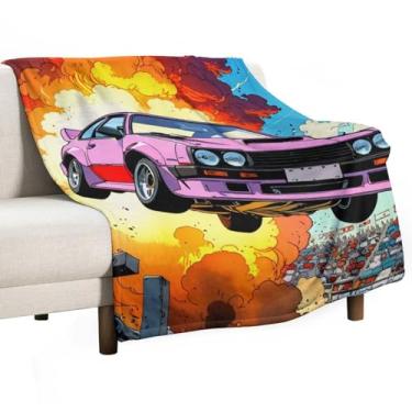 Imagem de HouLaiZhe Cobertor super macio de flanela retrô carros esportivos saltam sobre frescor explosiva cobertores leves de resfriamento para sofá-cama, cadeira, sofá, carro, viagem ao ar livre, leve, quente