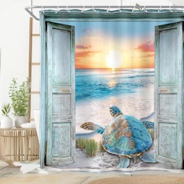 Imagem de Riyidecor Cortina de chuveiro de tartaruga de praia para decoração de banheiro 182 cm L x 182 cm A azul-petróleo porta celeiro paisagem oceano pôr do sol onda do mar havaiano rústico retrô arte de