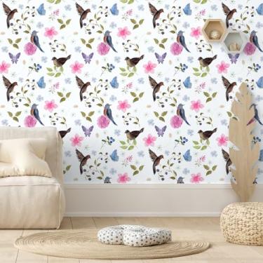 Imagem de FANCYEASY Papel de parede floral para descascar e colar papel de parede borboleta pássaro autoadesivo rosa floral para gavetas de armários 30 x 254 cm papel de parede decorativo removível para quarto