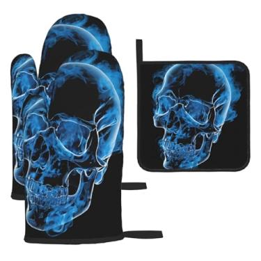 Imagem de Conjunto de cozinha essencial de 3 peças com estampa de caveira, luvas e alça de tampa, proteção para churrasco no forno, design de armazenamento suspenso.