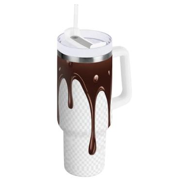 Imagem de Wassud Copo de chocolate marrom pingando com alça e tampa de canudo copo isolado garrafa de água de aço inoxidável à prova de vazamento caneca de viagem presentes para mulheres 1,134 g