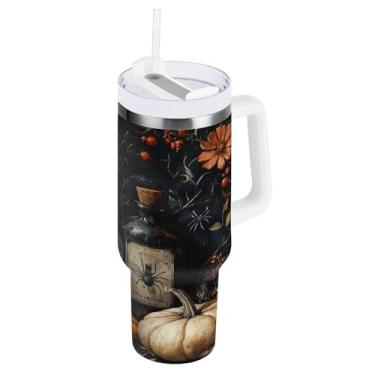 Imagem de STAYTOP Copo de abóbora e vinho de 850.5 g Halloween com tampa e canudo, copo isolado de aço inoxidável durável à prova de vazamento com alça, garrafas de água à prova de derramamento para viagens