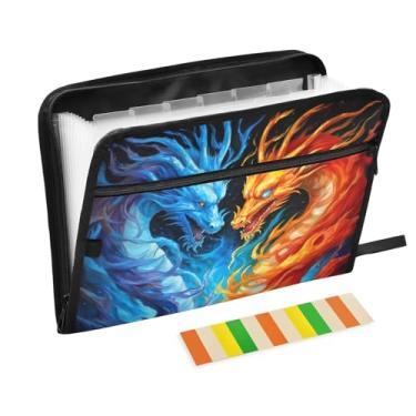 Imagem de Wassud Dragão de fogo e dragão azul, 13 bolsos, organizador de arquivos sanfonados, pastas de arquivos expansíveis com abas e adesivos, organizador de pastas de documentos de recibo de papel tamanho