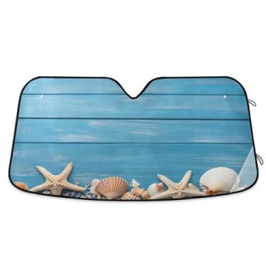 Imagem de Wassud Para-brisa para-sol acessórios de carro dobrável para janela dianteira do carro blocos raios UV azul madeira com estrela do mar sombra refletiva 70 x 139 cm