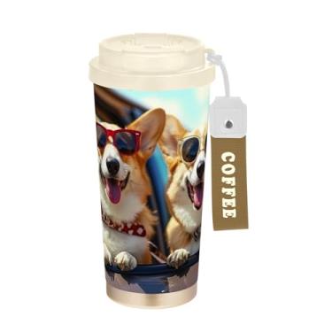 Imagem de YETTASBIN Caneca de café de viagem com isolamento térmico Corgi Dog 482 g com tampa canudo, copo à prova de derramamento e vazamento com alça para bebida quente e fria, garrafa de água de aço