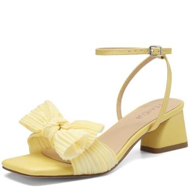 Imagem de TEAIEUI Sandálias femininas de salto com laço e bico quadrado aberto para noivas, salto grosso, salto baixo, tira no tornozelo, sapatos sociais para festas, Amarelo, 40