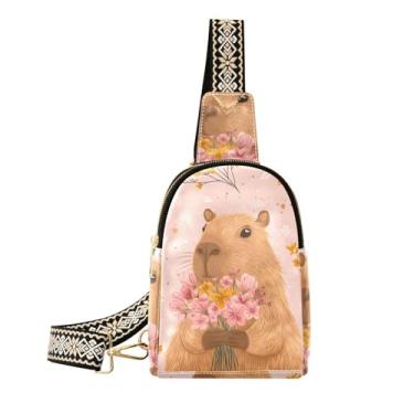 Imagem de CEBUGI Bolsa feminina Capibara Flowers, pequena, de couro, transversal, pochete para trilhas, viagens ao ar livre