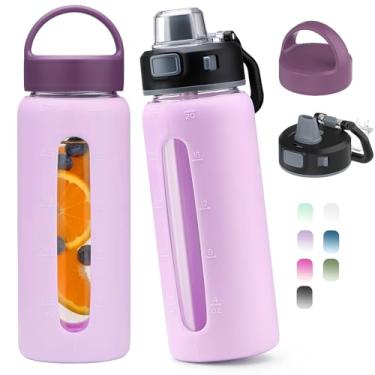 Imagem de Kodrine Garrafa de água de vidro de 590 ml com canudo - 2 tampas - xícara de café gelada com manga de silicone e marcador de tempo, garrafa de vidro reutilizável para casa, escritório, ao ar livre