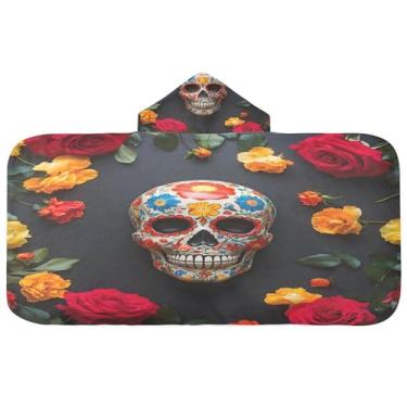 Imagem de Burbuja Caveira com toalha de banho com capuz floral colorida para crianças, toalha de praia de pelúcia macia absorvente para meninas e meninos 3-10 anos, 61 x 127 cm