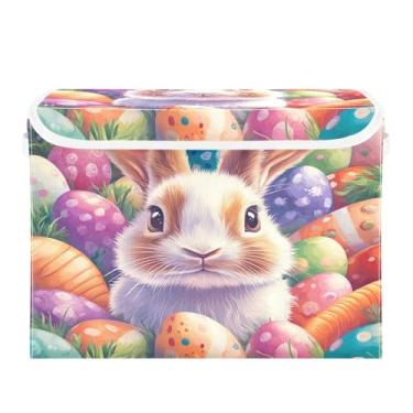 Imagem de CEBUGI Caixotes de armazenamento com tampas, caixa de armazenamento de tecido dobrável, organizador de cubo fofo de coelhinho da Páscoa para prateleiras de armário de casa e quarto, 40 x 30 x 30 cm