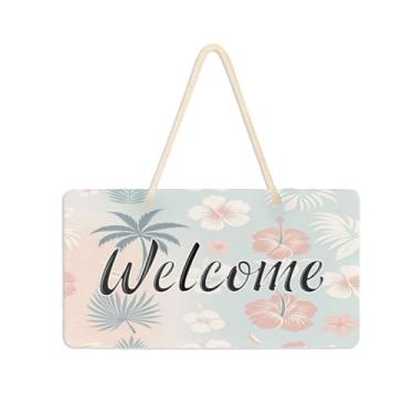 Imagem de Burbuja Placa de boas-vindas de flores de hibisco de palmeiras pastel para porta da frente, placa de boas-vindas de PVC para pendurar na parede, decoração de férias, 15 x 28 cm