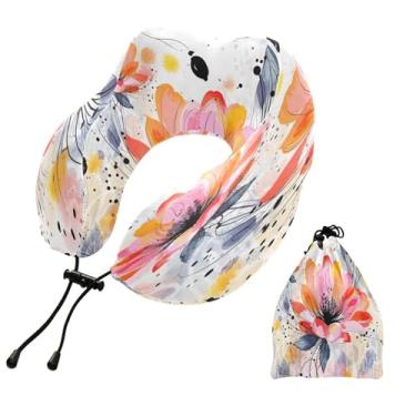 Imagem de CEBUGI Travesseiros de viagem portáteis em forma de U, travesseiro de pescoço de espuma viscoelástica com trava de corda ajustável para avião, viagem, trem, negócios, escritório, soneca (floral)