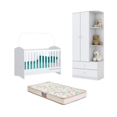 Imagem de Berço Bala de Menta e Guarda Roupa Labirinto Branco e Colchão - FdECOR