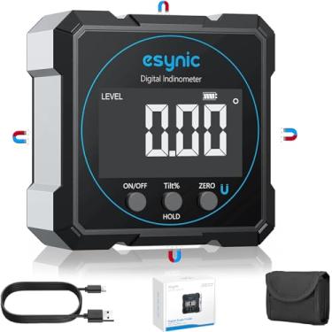 Imagem de eSynic Caixa digital – Medidor de ângulo digital magnético de 4 lados com alta precisão de 0,05° e visor LCD grande - inclinômetro IP54 à prova d'água recarregável, moldura de alumínio para marcenaria