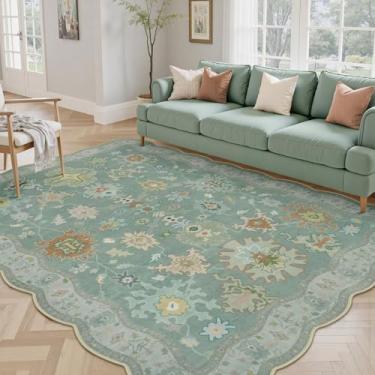 Imagem de LORWER Oushak Tapete de área para quarto 12 x 18 cm - verde vintage boho floral geométrico, lavável, tapete antiderrapante para quarto de bebê, hall de entrada, decoração de quarto estética