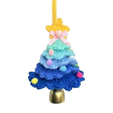 Imagem de Hshsclth Enfeite de árvore de Natal de crochê feito à mão, decoração de acrílico com sino, estrela e pompons, decoração de porta de janela de casa de férias (azul ombré)