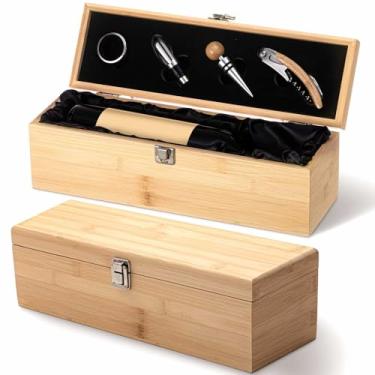 Imagem de Teenyyou 2 caixas de presente vintage de vinho de madeira, caixa de vinho com 4 acessórios, suporte de garrafa única de madeira retrô, caixa de presente de dia de Natal, estojo de armazenamento para