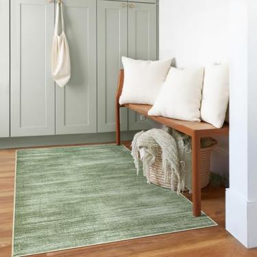 Imagem de BILEEHOME Tapete moderno verde caçador para quarto, antiderrapante, lavável, 7,5 x 12,7 cm, para entrada de cozinha, minimalista, estilo abstrato, tapete de piso de pelo baixo, verde-oliva, 3 x 5