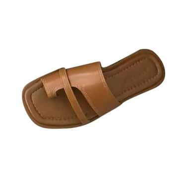 Imagem de Sandália feminina moderna casual verão confortável sem cadarço bico quadrado praia rasteira, Marrom, 36