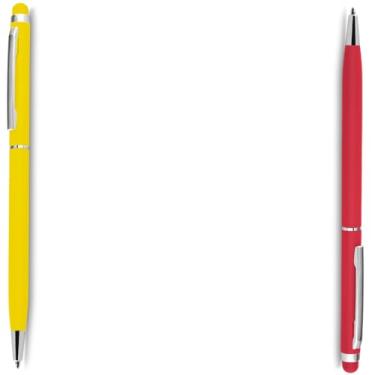 Imagem de Caneta Esferográfica Touch Screen Metálica, Corpo Emborrachado, Escrita Azul, Ponta Fina 0.7mm, Design Moderno, para Escritório, 14.5cm (Amarelo e Vermelho)