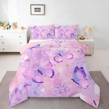 Imagem de jejeloiu Jogo de cama solteiro com estampa de borboletas e plantas, para quarto de crianças, meninos, meninas, decoração animal, rosa, roxo, microfibra, ultramacio, respirável