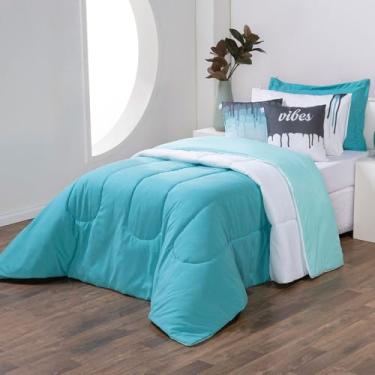 Imagem de Kit Edredom Solteiro 5 Peças Colorful – Dupla Face Toque Linho e Hipercal 400 Fios – Com Capas de Almofada e Fronha – Cama Completa (Verde)