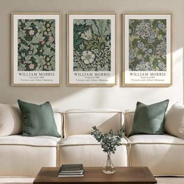 Imagem de Conjunto de 3 arte de parede em tela emoldurada William Morris, estampas florais vintage verdes, decoração botânica de casa de fazenda boho para sala de estar, quarto, corredor, escritório, 40 x 61 cm