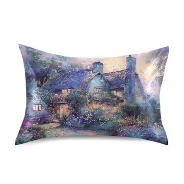 Imagem de King Queen Travesseiros Padrão Fairyland Pintura Cottage Fronhas de Cetim Impressão de Arte Floral Travesseiros Sonolentos Refrescantes Capa King Size 101,6 cm x 50,8 cm