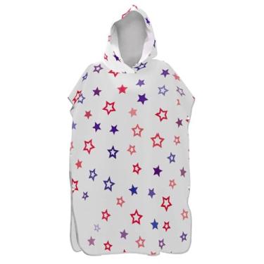 Imagem de Roupão reutilizável para troca de poncho de surf adulto toalha de banho com capuz vermelho azul estrelas brancas unissex adulto poncho com capuz