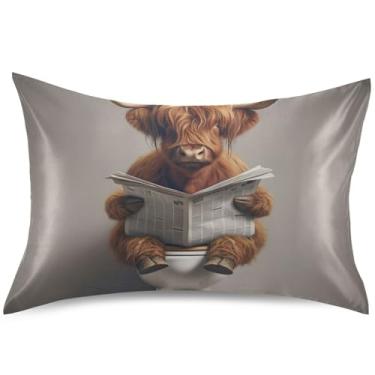 Imagem de Capas de travesseiro engraçadas de cetim de vaca Highland com estampa de animais Queen King Size padrão para cama de casa, tamanho Queen, 76 cm x 50 cm