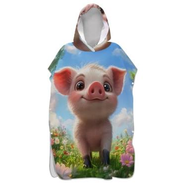 Imagem de Poncho de surfe para adultos trocador de roupa de praia com capuz toalha de banho plus size ponchos femininos com capuz rosa porco fofo leitão colorido