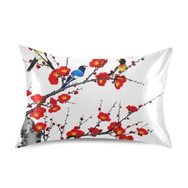 Imagem de Fronhas de cetim legais King Queen padrão fronhas refrescantes confortáveis e macias roupa de cama tamanho padrão 66 cm x 50 cm arte colorida pássaro floral flor