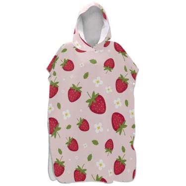 Imagem de Joisal Poncho de surf de secagem rápida para adultos trocador de roupa de praia com capuz toalha de banho flor de morango rosa ponchos adultos para mulheres