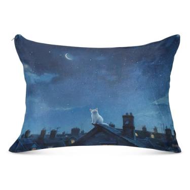 Imagem de Capas de travesseiro tamanho king size gato branco sentado no telhado 53 x 54 fronhas respiráveis com zíper, capa de travesseiro corporal para cama sofá casa