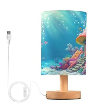 Imagem de Joisal Luz noturna de cabeceira de casa de cogumelo Underwater World, abajur de mesa pequeno, abajur de linho, lâmpadas de sala de estar, decoração de quarto aconchegante