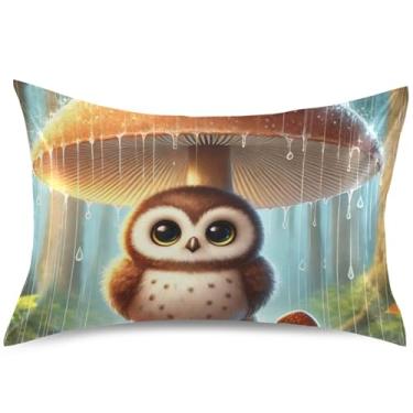 Imagem de Lindas capas de almofada de cetim de cogumelo coruja padrão king queen capa de travesseiro refrescante para sofá de cama de casa, tamanho Queen, 76 cm x 50 cm