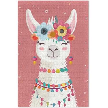 Imagem de Lindas flores de lhama sorridentes 1000 peças quebra-cabeças para adultos presentes de festa de elefante branco quebra-cabeças para a família brinquedos de arte
