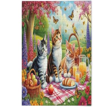 Imagem de Jigsaw Puzzles 500 Pieces for Adult Aesthetic Art Decor Painting Cute Kitten Spring Cat Butterfly Scene Nature Puzzles White Elephants Gifts Puzzle, 500 Pieces, 20.5" x 14.9"