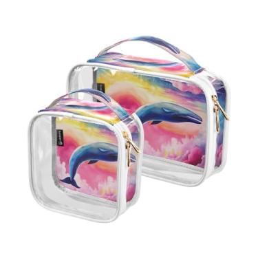 Imagem de GAIGEO Conjunto de 2 sacos de higiene pessoal transparentes de folhas de bordo de outono, bolsa transparente com zíper, bolsa de armazenamento para viagens, Aquarela com bolhas coloridas e uma baleia