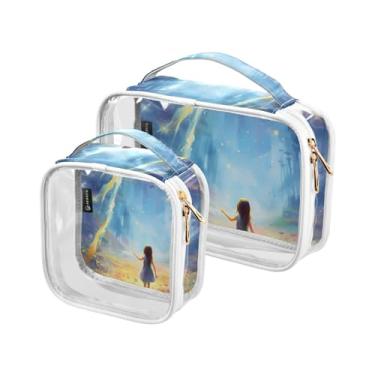 Imagem de GAIGEO Conjunto de 2 sacos de higiene pessoal transparentes para cervos da floresta de Natal de inverno, bolsa de cosméticos portátil com alça, bolsa de viagem para produtos de cabelo, Fantasy World